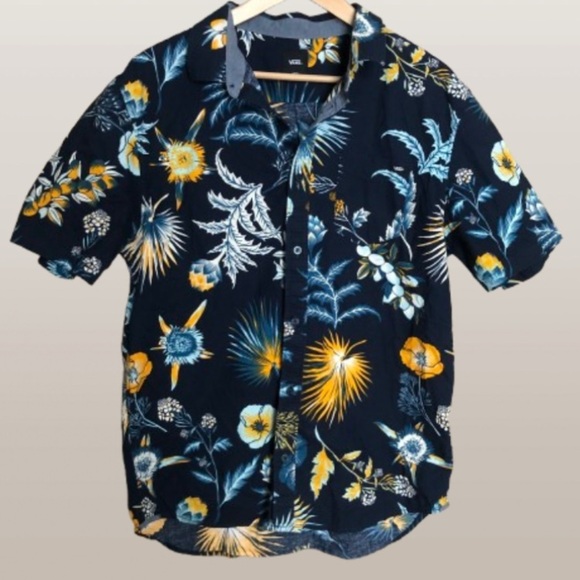 Vans Men’s Floral Print  Navy and Yellow Hawaiian Tropical Shirt Large - Picture 1 of 8